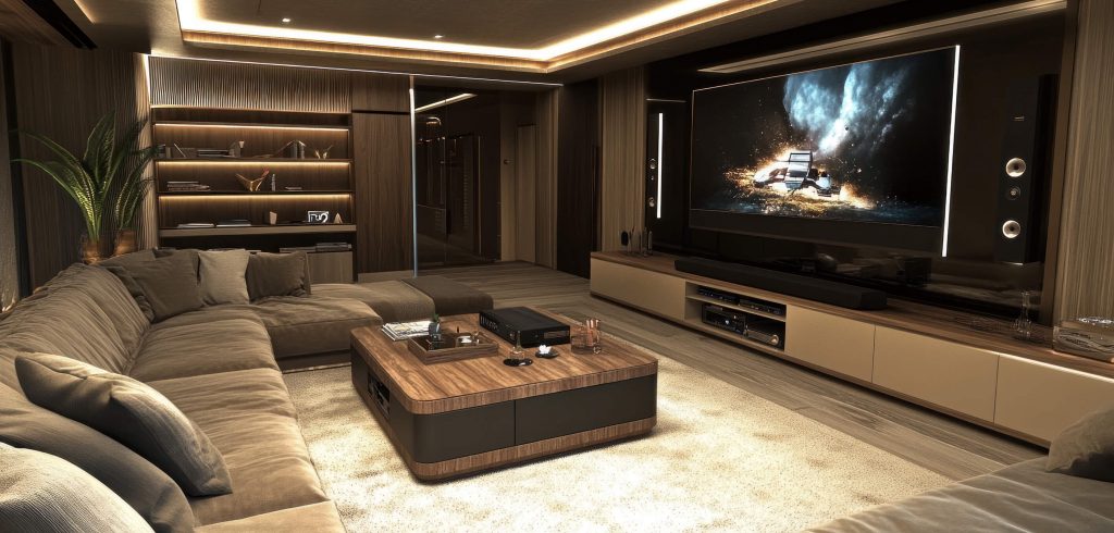 Media room with large display and hidden speakers designed by Phantom Sound in Cincinnati